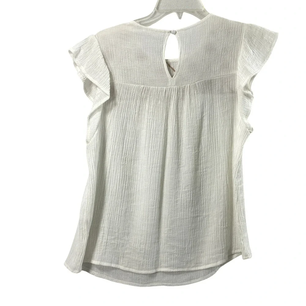 MINE Blouse Womens Large White Gauze Tan Floral Embroidered Boho Festival Top - Picture 2 of 8